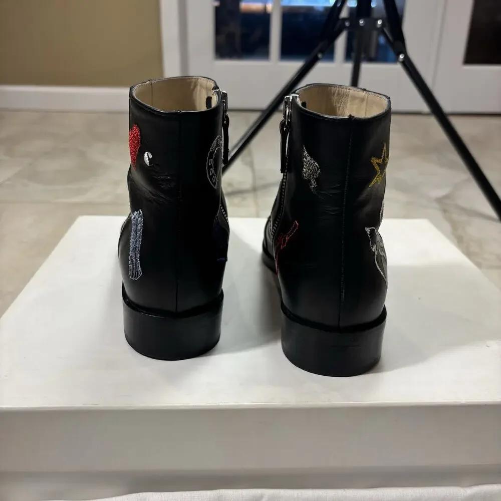 Carven Leather Boots Womens 6 Western Side Zip Embroidered Original Box Dust Bag